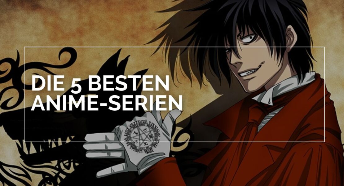 Der Animecharakter Alucard aus Hellsing Ultimate steht in einem roten Mantel und hebt eine Hand mit einem magischen Siegel auf seinem weißen Handschuh. Hinter ihm erhebt sich der dunkle Schatten eines wolfsähnlichen Monsters. Der Hintergrund ist warm braun gehalten und darüber liegt der Text „Die 5 besten Anime Serien“.