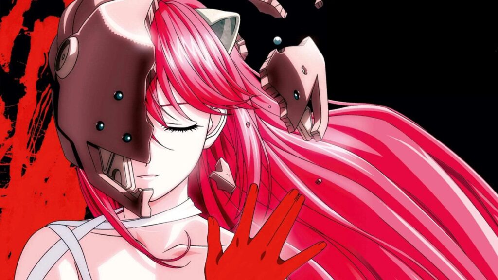 Lucy aus der Anime-Serie âElfen Liedâ ist mit langen rosafarbenen Haaren und geschlossenen Augen zu sehen. Eine metallene Maske verdeckt die linke HĂ€lfte ihres Gesichts, wĂ€hrend einzelne BruchstĂŒcke durch die Luft schweben. Vor dem schwarzen Hintergrund und roten Farbakzenten vermittelt die Illustration den Kontrast zwischen Verletzlichkeit und der gewaltsamen Gefangenschaft der Figur. | Die 5 besten Anime-Serien