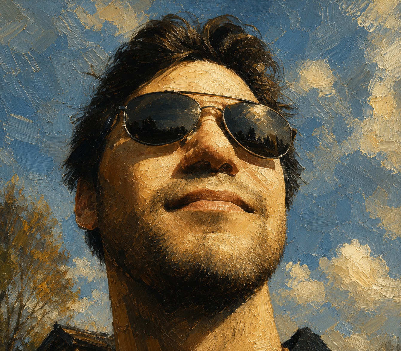 Ein impressionistisches Ölgemälde zeigt Maddin aus der Froschperspektive unter blauem Himmel. Er trägt dunkle Sonnenbrille, sein Gesicht ist warm vom Sonnenlicht beleuchtet, die Pinselstriche sind sichtbar und verleihen dem Porträt eine lebendige, strukturierte Wirkung. Maddin ist Gastautor bei Passion of Arts.