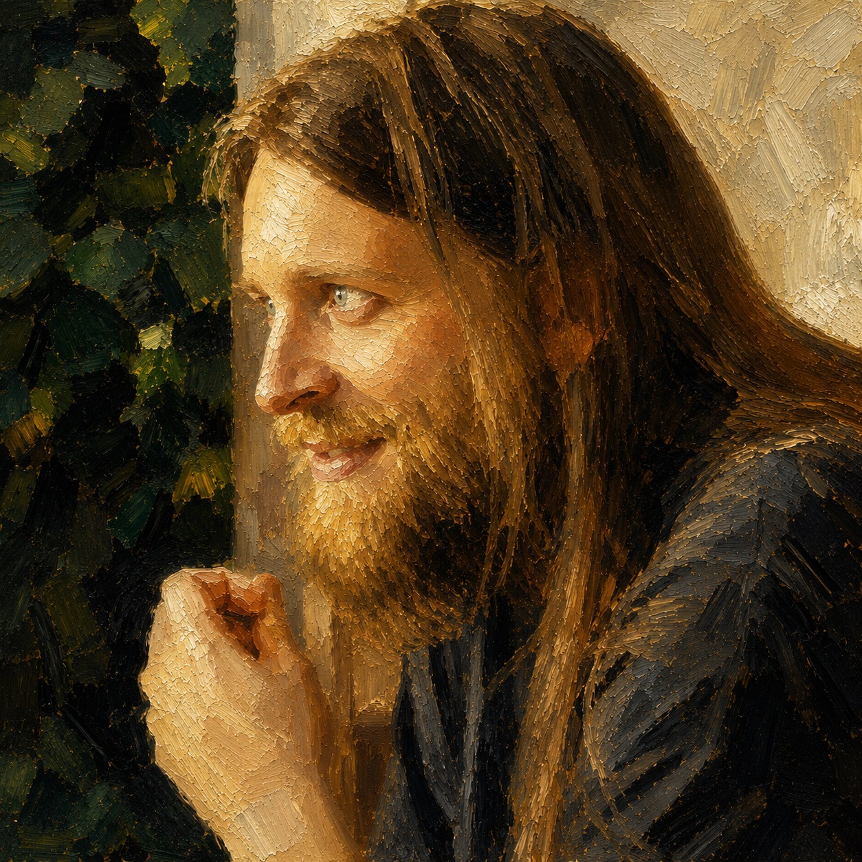 Ein gemaltes Porträt von Marcel Michaelsen, dem Gastautor für Filmhistorie, in Seitenansicht. Warmes Licht fällt von links auf sein Gesicht, die langen braunen Haare und den Vollbart. Der Hintergrund zeigt expressive, leicht verschwommene Pinselstriche in Naturtönen, die an Laub und eine Wand erinnern. Die Darstellung wirkt realistisch und detailreich, mit sichtbarer Textur im Ölauftrag.
