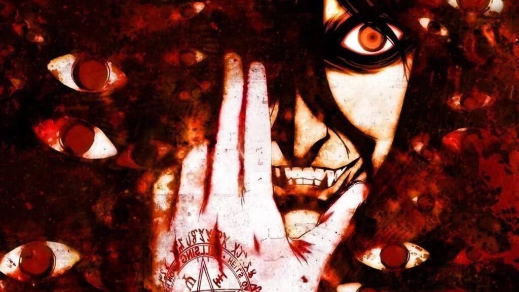 Alucard aus âHellsing Ultimateâ blickt mit einem glĂŒhend roten Auge und einem bedrohlichen Grinsen direkt nach vorn. Seine blutverschmierte Hand mit einem magischen Siegel verdeckt einen Teil seines Gesichts, wĂ€hrend zahlreiche Augen und dunkle Rot- und Schwarztöne den Hintergrund fĂŒllen und die unheilvolle, ĂŒbernatĂŒrliche AtmosphĂ€re der Serie unterstreichen. | Die 5 besten Anime-Serien