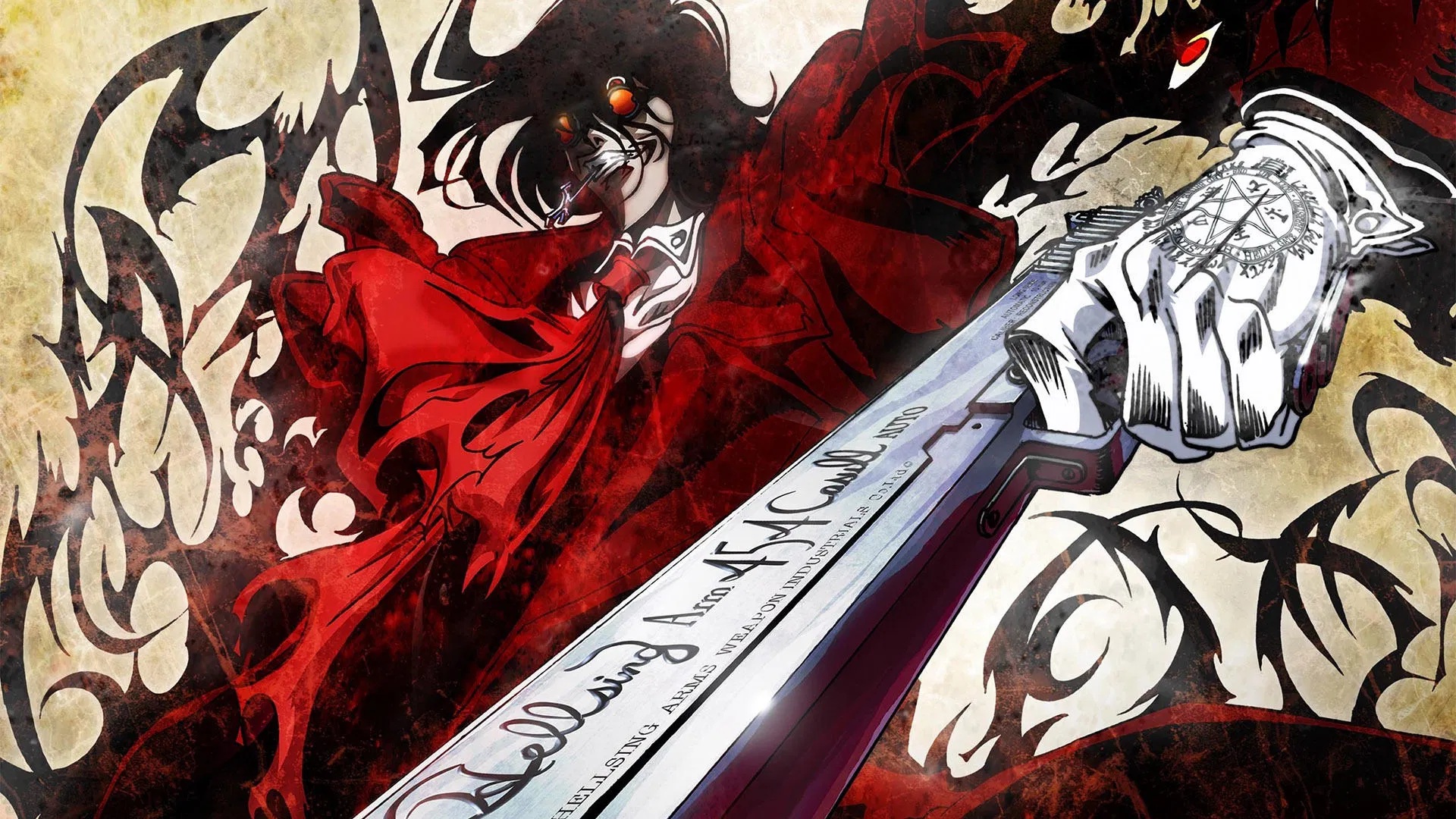 Alucard aus âHellsing Ultimateâ richtet eine ĂŒbergroĂe Pistole direkt auf den Betrachter. Sein roter Mantel weht dramatisch im Wind, wĂ€hrend seine orange leuchtenden BrillenglĂ€ser und das bedrohliche Grinsen seine ĂŒbernatĂŒrliche Erscheinung betonen. Schwarze Fledermausornamente und rote Farbakzente im Hintergrund unterstreichen die dĂŒstere, actionreiche AtmosphĂ€re der Serie. | Die 5 besten Anime-Serien