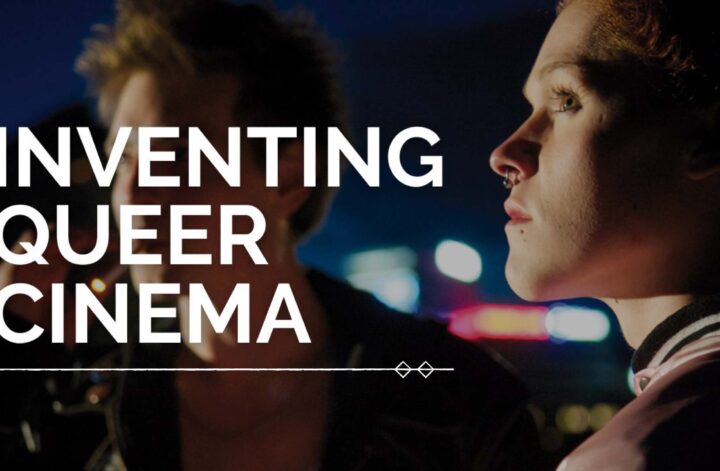 Szene aus Something Must Break (2014): Rechts steht Saga Becker als Sebastian, im Hintergrund ist Iggy Malmborg als Andreas zu sehen. Beide befinden sich nachts in einer unscharf beleuchteten urbanen Umgebung mit farbigen Lichtpunkten. Über dem Bild steht in großen weißen Buchstaben der Text „INVENTING QUEER CINEMA“, unterstrichen von einer dünnen Linie mit kleinen Diamantformen.