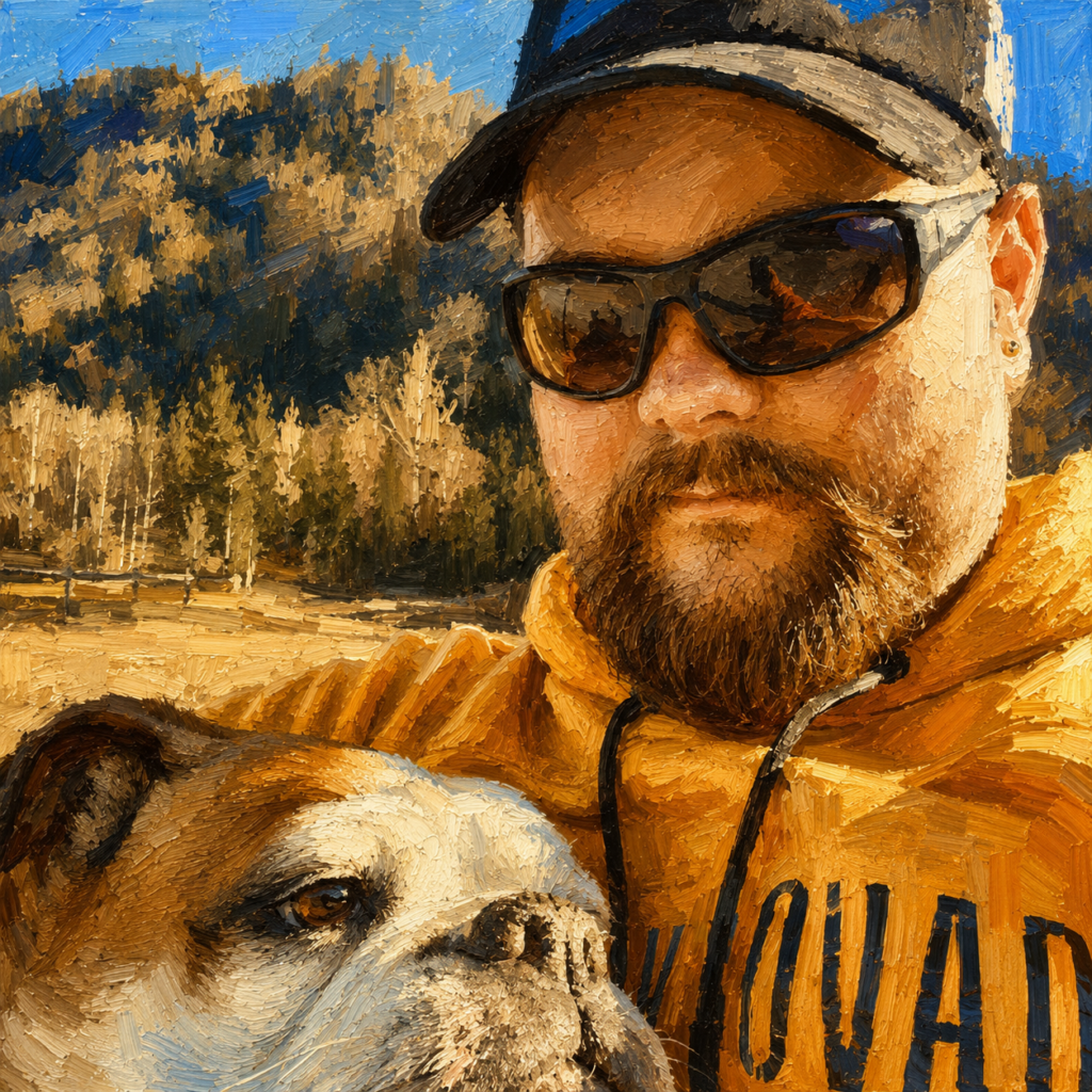 ĂlgemĂ€lde von Martin Kostenzer mit Sonnenbrille, schwarzer Kappe und gelbem Hoodie, der einen Bulldoggen im Arm hĂ€lt. Im Hintergrund erstrecken sich bewaldete HĂŒgel und eine sonnige Landschaft unter blauem Himmel.