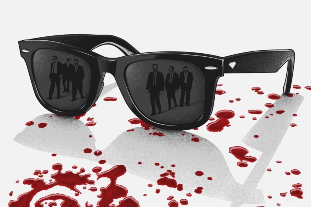 Sonnenbrille mit Blutspuren, in deren Gläsern die fünf Gangster aus Reservoir Dogs (1992) reflektiert werden. | Themenübersicht August 2026