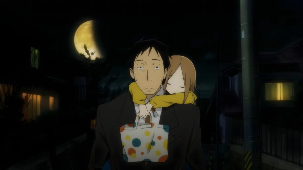 Daikichi trĂ€gt die schlafende Rin nachts auf dem RĂŒcken, wĂ€hrend sie durch eine ruhige WohnstraĂe unter dem Mondlicht gehen; eine warme Szene aus dem Anime Usagi Drop, die FĂŒrsorge, Familie und Geborgenheit betont. | Die 5 besten Anime-Serien