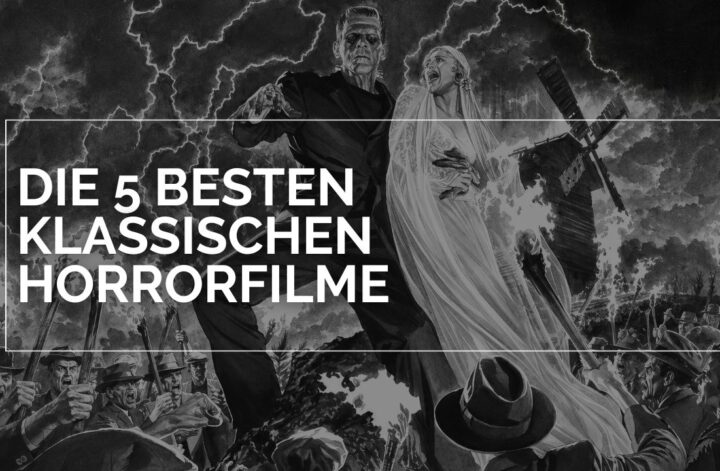 Zu sehen ist eine Stilisierung des Finales von Frankenstein (1931). Das schwarzweiße Motiv zeigt den monströsen Frankenstein‑Golem, der eine bewusstlose Frau im Arm hält, während ein wütender Mob mit Fackeln auf sie zustürmt. Im Hintergrund ragt eine vom Sturm umtoste Windmühle auf, über der Blitze den Himmel zerreißen. Oberhalb der Szene steht der Schriftzug „Die 5 besten klassischen Horrorfilme“, der das Bild als nostalgische Hommage an das frühe Monsterkino markiert.
