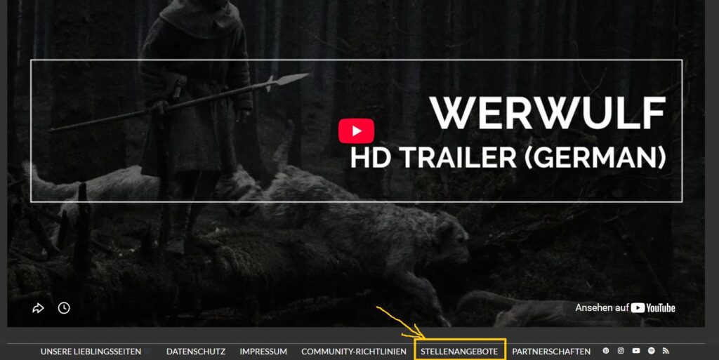 Eine dunkle Fantasy‑Szene zeigt eine Person im Umhang mit Speer neben einem großen wolfsähnlichen Wesen am Waldboden. Darüber liegt ein YouTube‑Trailer‑Thumbnail mit dem Titel „WERWULF HD TRAILER (GERMAN)“. Unten befindet sich eine Navigationsleiste der Passion‑of‑Arts‑Webseite, in der der Menüpunkt „Stellenangebote“ gelb hervorgehoben ist.
