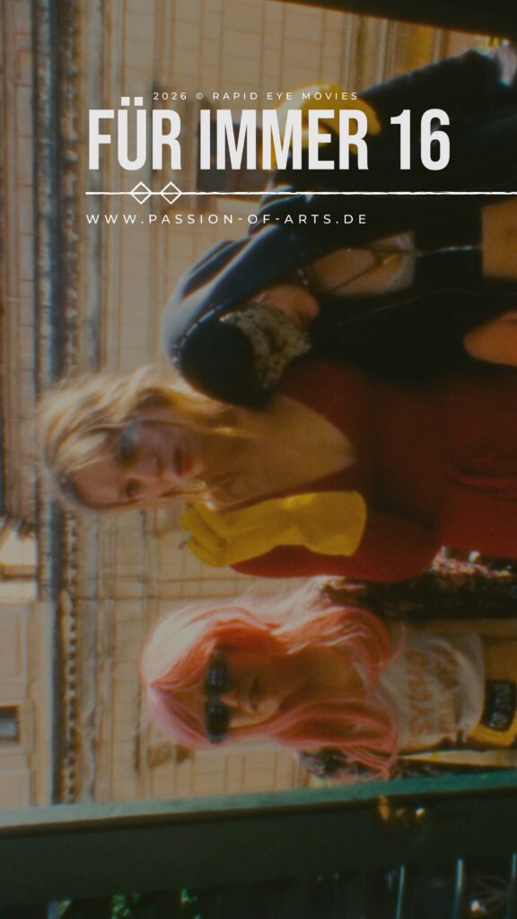 Auf dem Bild sind: Charlotte (Lilith Stangenberg), Helena (Mücke) und Oskar (Chang Wang) aus dem Film "Für immer 16". Der Titel des Films steht in weißen Lettern, darunter www.passion-of-arts-de und drüber 2026 © Rapid Eye Movies