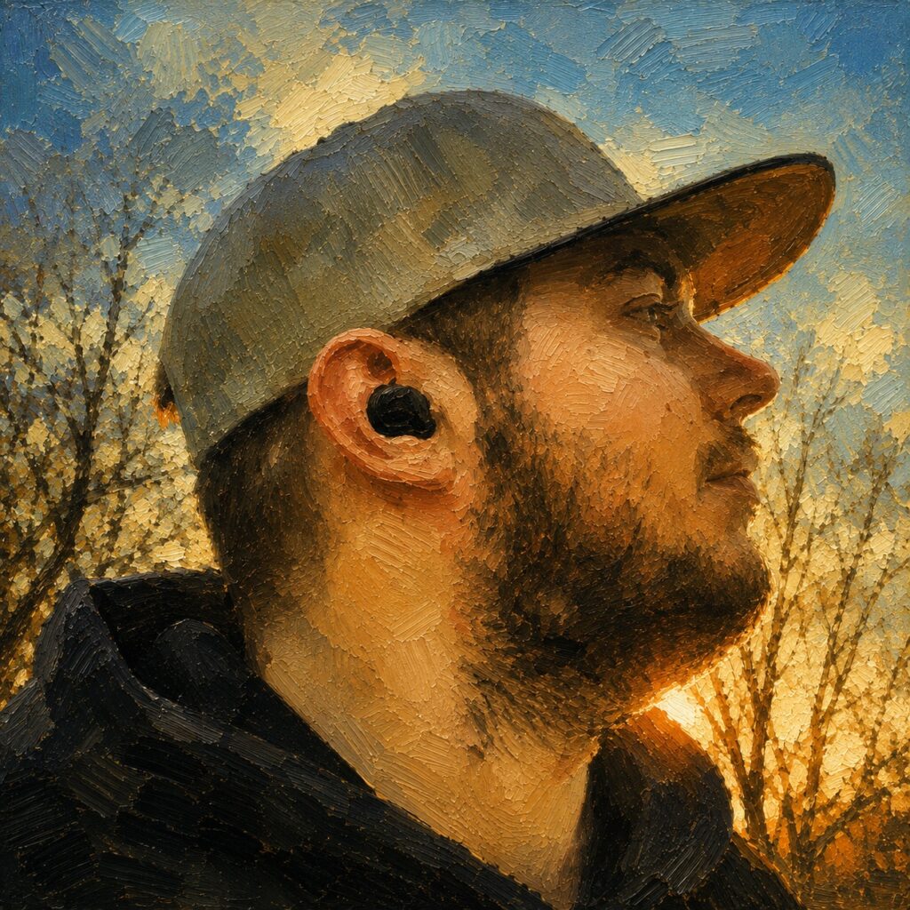 Ein seitliches Porträt von Lennart Goebel, Redakteur bei Passion of Arts, der im warmen Licht eines Sonnenuntergangs steht. Er trägt eine graue Cap, einen dunklen Hoodie und einen schwarzen kabellosen Earbud. Hinter ihm sind kahle Bäume vor einem orange‑blau gefärbten Himmel zu sehen. Das Bild wirkt wie eine digitale Ölmalerei mit sichtbaren Pinselstrukturen.