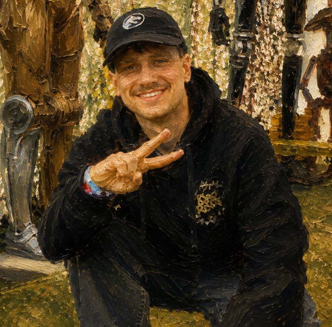 Ein junger Mann namens Rick, Redakteur bei Passion of Arts, hockt lächelnd im Freien. Er trägt einen schwarzen Hoodie und eine schwarze Cap mit rundem Logo und zeigt ein Peace‑Zeichen. Hinter ihm stehen mehrere kunstvolle Metall‑ und Holzskulpturen, die wie Roboter wirken. Die gesamte Szene hat eine malerische, leicht gemalte Optik.