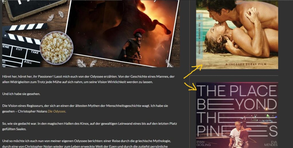 Eine Collage aus filmbezogenen Elementen: Links liegen Popcorn und eine Filmklappe auf Holz, daneben ein Foto mit einer epischen Kriegerszene vor feurigem Hintergrund. Rechts sind zwei Filmplakate zu sehen – La Piscine und The Place Beyond the Pines. Darüber steht ein erzählerischer Text über eine filmische Odyssee und Christopher Nolans Interpretation eines Mythos. | Passion of Arts