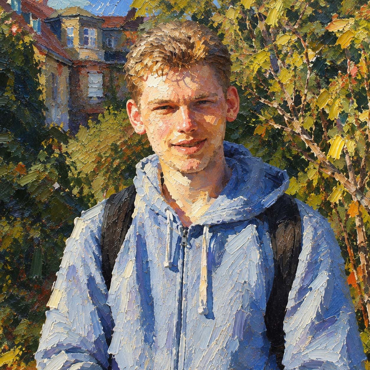 Ölgemälde-Porträt von Florian, Redakteur und Video Publisher bei Passion of Arts, mit hellblauem Hoodie und Rucksack vor einer grünen Gartenlandschaft.