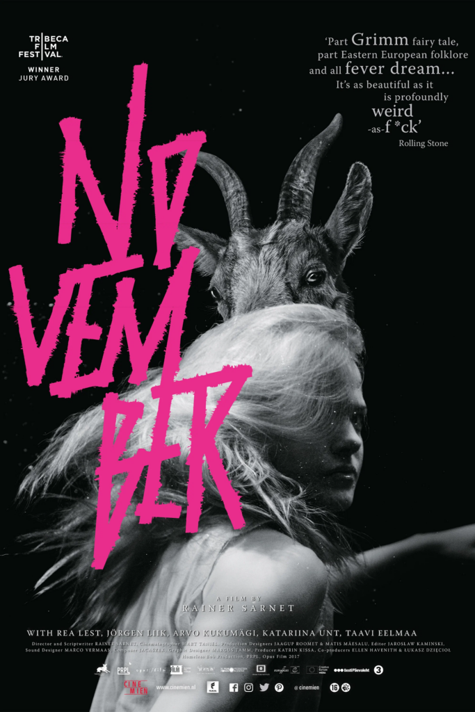 Filmplakat zu November vor schwarzem Hintergrund. Über das Bild zieht sich der Filmtitel in großen, pinkfarbenen, handgemalten Buchstaben. Im Zentrum ist eine schwarzweiße Doppelkomposition zu sehen: Der Kopf einer gehörnten Ziege erscheint hinter einer Person mit langem, vom Wind bewegtem Haar. Die Figur ist seitlich dargestellt und blickt aus dem Bild heraus. Oben links befindet sich ein Hinweis auf einen Jury-Preis des Tribeca Film Festivals, rechts ein Pressezitat. Im unteren Bereich stehen die Namen der Mitwirkenden sowie Produktionsangaben. Das Plakat kontrastiert die kräftige pinke Typografie mit den monochromen fotografischen Motiven und erzeugt eine düstere, märchenhafte Atmosphäre.