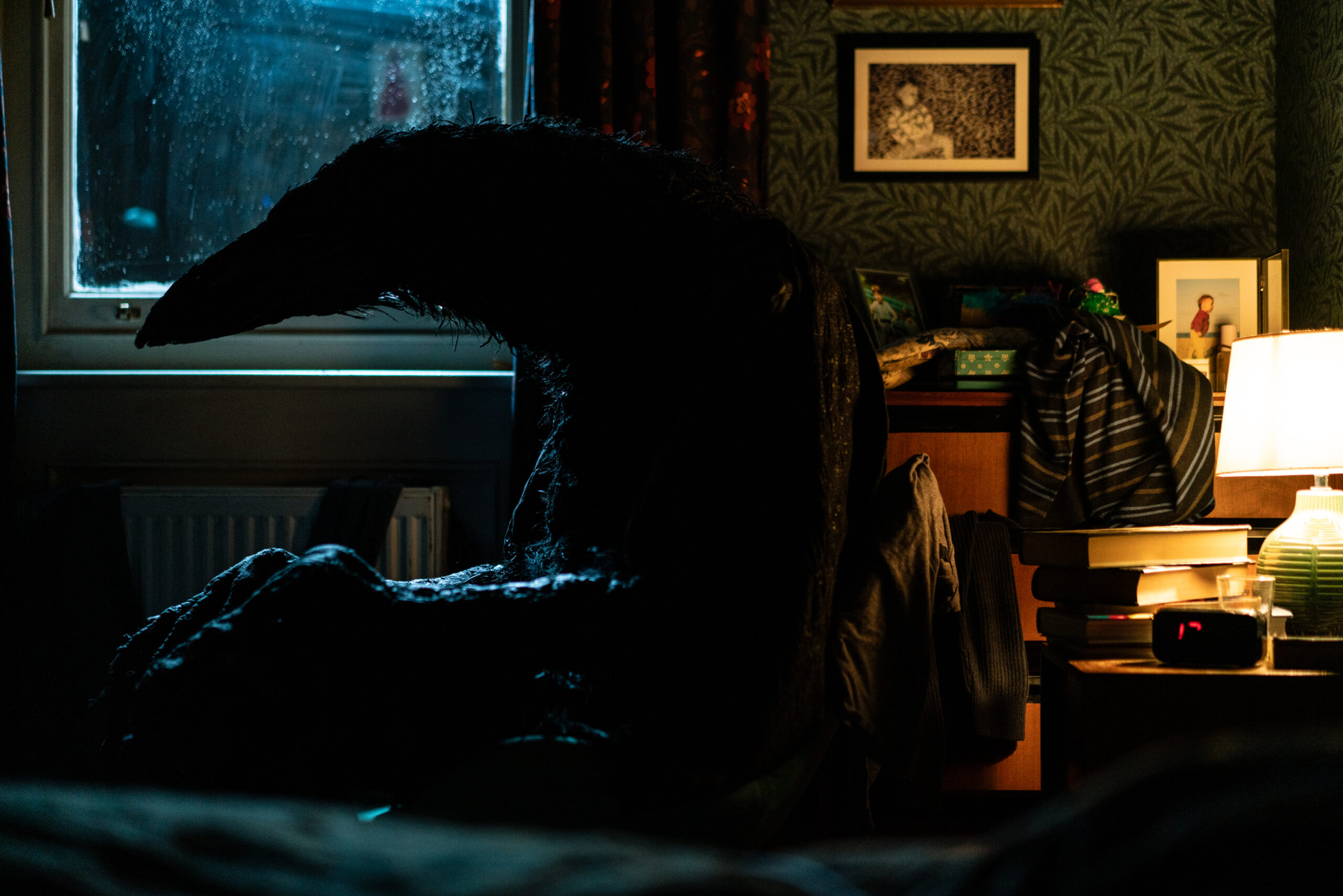 Das Bild zeigt eine Krähe, die auf einem Stuhl zu sitzen scheint. Es ist dunkel und der Raum ist nur mit einer einzigen Lichtquelle beleuchtet. Das Zimmer scheint ein Kinderzimmer zu sein.