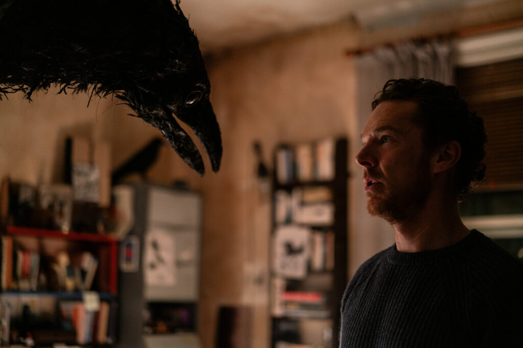 Das Bild zeigt Benedict Cumberbatch im Film "Das Ding mit Federn". Seine Figur steht einer Krähe gegenüber