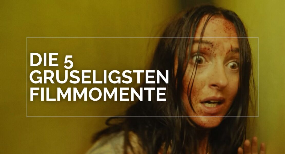 Titelbild zum Passion-of-Arts-Artikel „Die 5 gruseligsten Filmmomente“ mit einer Szene aus "Backrooms“ (2026). Eine blutverschmierte Renate Reinsve blickt erschrocken in die Kamera.