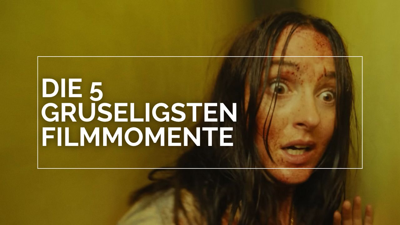 Titelbild zum Passion-of-Arts-Artikel „Die 5 gruseligsten Filmmomente“ mit einer Szene aus "Backrooms“ (2026). Eine blutverschmierte Renate Reinsve blickt erschrocken in die Kamera.