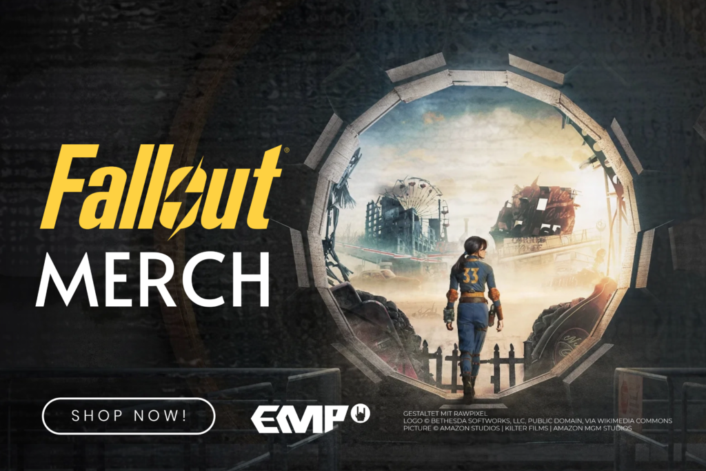 Werbegrafik für Fallout Merchandise von EMP: Eine Figur im blauen Vault-Anzug mit der Nummer 33 verlässt einen Bunkereingang und blickt auf eine postapokalyptische Landschaft mit zerstörten Gebäuden, einem Riesenrad und Ruinen. Links steht in großer gelber und weißer Schrift „Fallout Merch“, darunter ein „Shop Now!“-Button sowie das EMP-Logo.