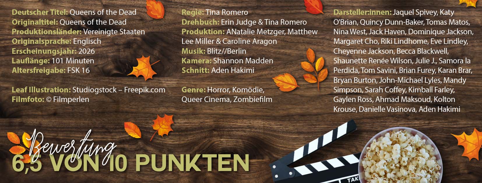 Infografik zur Filmkritik von Queens of the Dead auf einem Holzuntergrund mit herbstlichen Blättern. Die Grafik listet Filmdaten wie Originaltitel, Produktionsland, Sprache, Erscheinungsjahr, Laufzeit, FSK, Regie, Drehbuch, Produktion, Musik, Kamera und Schnitt auf. Zudem sind zahlreiche Darstellerinnen und Darsteller sowie die Genres Horror, Komödie, Queer Cinema und Zombiefilm aufgeführt. Im unteren Bereich sind eine Filmklappe und eine Schale Popcorn zu sehen. Die Bewertung der Kritik wird groß hervorgehoben und lautet „6,5 von 10 Punkten“.