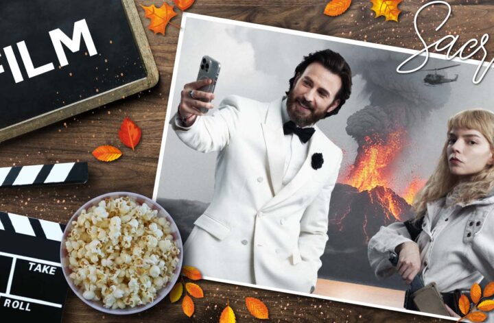 Titelgrafik zur Filmkritik von Sacrifice auf Passion of Arts: Auf einem Holztisch mit Herbstblättern liegen eine Filmklappe, eine Schüssel Popcorn und eine Tafel mit der Aufschrift „FILM“. Daneben ist ein gerahmtes Motiv aus dem Film zu sehen. Chris Evans als Mike Tyler trägt einen weißen Smoking und macht ein Selfie vor einer dramatischen Vulkanlandschaft mit aufsteigenden Rauchwolken und Lava. Neben Chris Evans als Mike Tyler steht Anya Taylor-Joy als Joan in heller Outdoor-Kleidung. Oben rechts ist der Schriftzug Sacrifice zu sehen.
