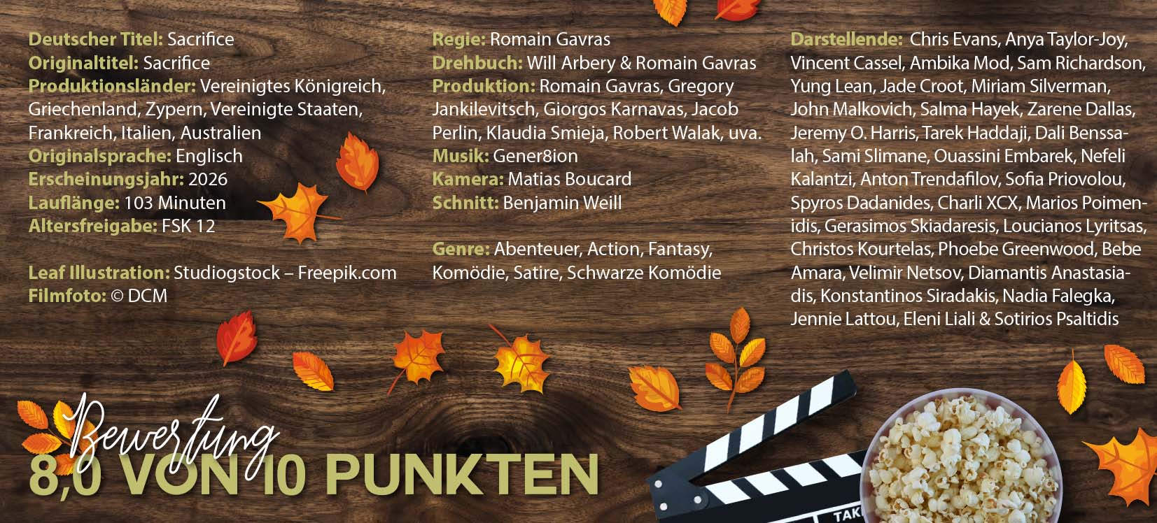 Informationsgrafik zur Filmkritik von Sacrifice auf Passion of Arts. Auf einem hölzernen Hintergrund mit verstreuten Herbstblättern sind Produktionsdaten des Films aufgeführt, darunter Originaltitel, Herkunftsländer, Erscheinungsjahr, Laufzeit, Regie, Drehbuch, Genre sowie eine umfangreiche Besetzungsliste mit Chris Evans, Anya Taylor-Joy, Vincent Cassel, Salma Hayek und weiteren Darstellenden. Im unteren Bereich befinden sich eine Filmklappe, eine Schüssel Popcorn und die Bewertung „8,0 von 10 Punkten“.