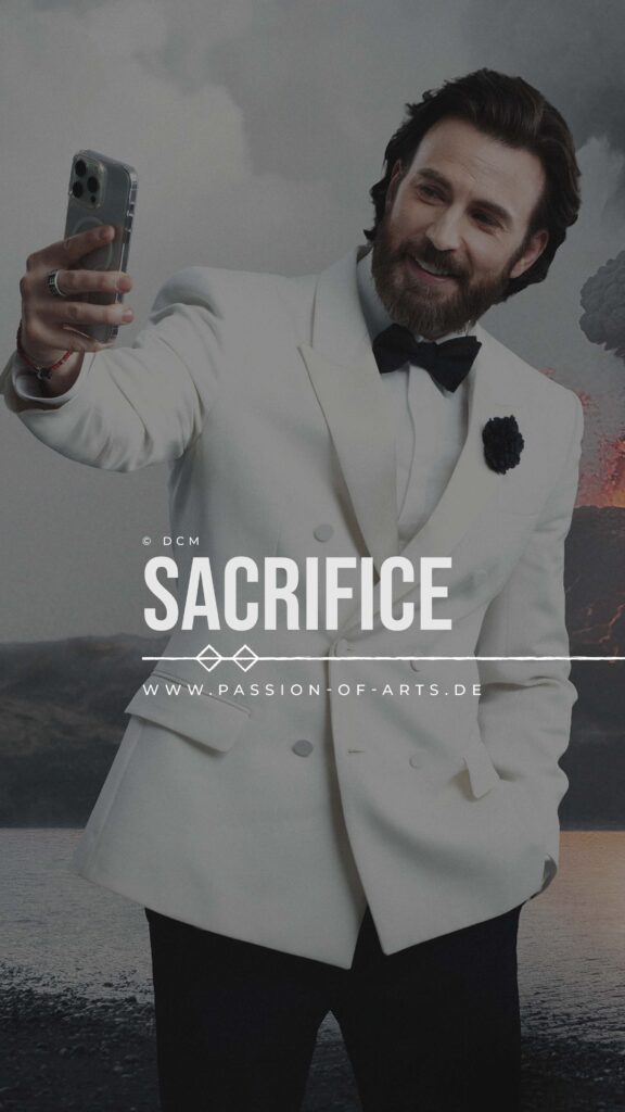 Chris Evans als Mike Tyler in Sacrifice trägt ein weißes Smokingjackett mit schwarzer Fliege und hält ein Smartphone für ein Selfie in die Höhe. Im Hintergrund sind eine Vulkanlandschaft, dunkle Rauchwolken und glühende Lava zu sehen. Über dem Motiv befindet sich der Filmtitel Sacrifice sowie das Logo von Passion of Arts.