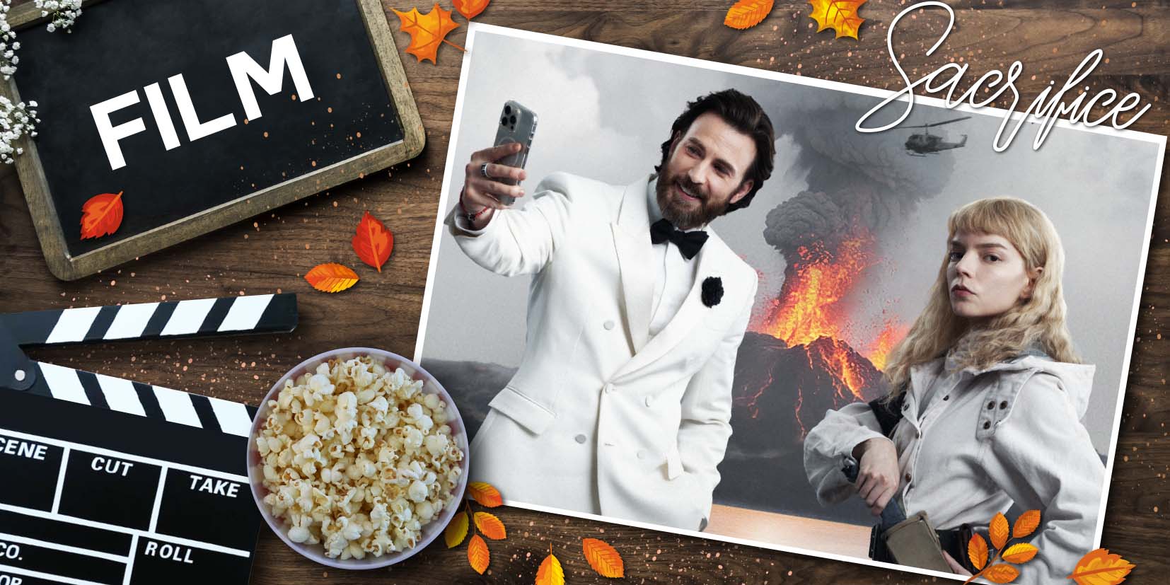 Titelgrafik zur Filmkritik von Sacrifice auf Passion of Arts: Auf einem Holztisch mit Herbstblättern liegen eine Filmklappe, eine Schüssel Popcorn und eine Tafel mit der Aufschrift „FILM“. Daneben ist ein gerahmtes Motiv aus dem Film zu sehen. Chris Evans als Mike Tyler trägt einen weißen Smoking und macht ein Selfie vor einer dramatischen Vulkanlandschaft mit aufsteigenden Rauchwolken und Lava. Neben Chris Evans als Mike Tyler steht Anya Taylor-Joy als Joan in heller Outdoor-Kleidung. Oben rechts ist der Schriftzug Sacrifice zu sehen.
